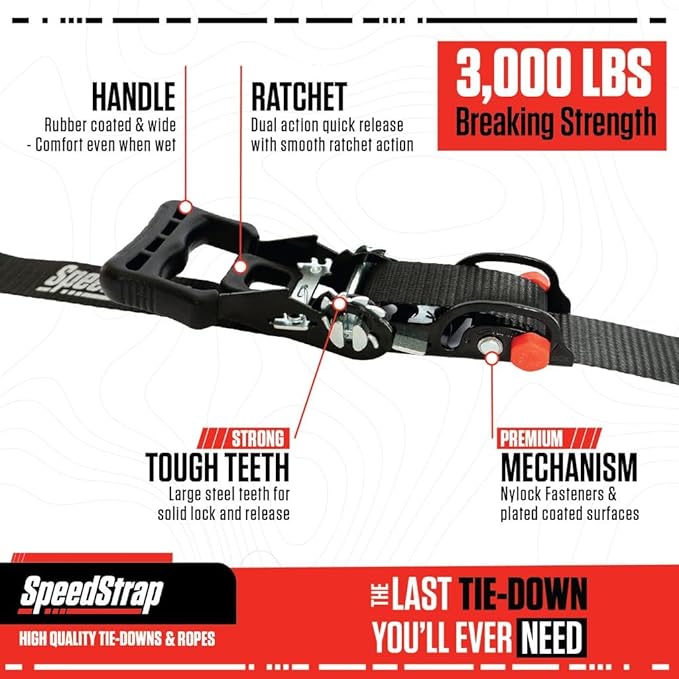 SpeedStrap Motorcycle Tie-Downs with Adjustable Sliding Ratchet (2-Pack) 1.25 Inch x 7 Feet (3,000lb MRC) - Moto Tie Down Straps with Swivel Carabiner, Built-in Soft Ties & Safety S-Hooks - Black