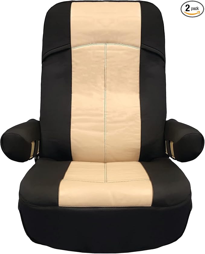 RV Designer GripFit+ Motorhome 2 Seat Covers (2-Pack) - Flexible GripFit+ Design – Class-A RV - Pet-Friendly, Easy-to-Clean, Durable, Fire Retardant - Side Pockets – Black and Tan
