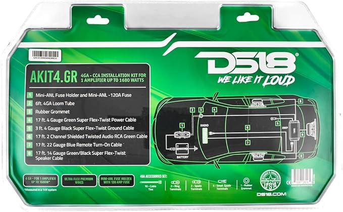 DS18 AKIT4.GR 4-GA Amplifier Installation Kit Up to 1680 Watts RMS, Mini-ANL Fuse Holder, Speaker & RCA Cables, CCA Amplifier Wiring Kit, Ultra Flex Wire, Amp Wire Kit, Amp Wiring Kit 4 Gauge - Green