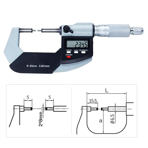 Spline Micrometer, 2x5mm Spline, Electronic Micrometer Measuring Tool, 0-1"/0-25mm, 0-1"/0.00005", Inch/Metric