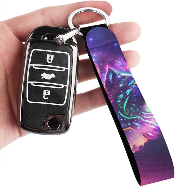 Howilath Galaxy Psychedelic Wolf Print Car Front Seat Cover Accessories 10pcs Center Console Cover and Flower Steering Wheel Covers for Women Men