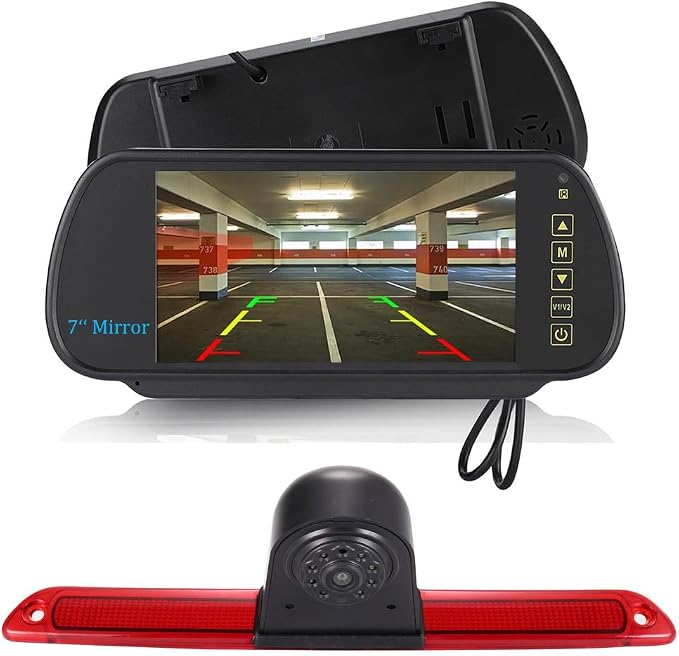 Car Third Roof Top Mount Brake Light 3 Rear View Camera Parking Safety Assistant System, HD Night Vision Waterproof for VW Crafter Caravelle/Mercedes Benz Sprinter W906 (with 7-inch Rearview Mirror)