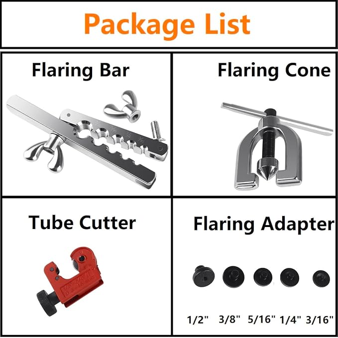 Brake Line Flaring Tool Kit, 3/16", 1/4", 5/16", 3/8" and 1/2” Double & Single Tubing Flare Tool for Copper and Aluminum Fuel Line Tube