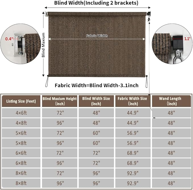 SMONTER Outdoor Sunshade Roller Shade 6'W x 8'H (72" Wx96 H), Exterior Cordless Roll Up Shades Blinds, UV Protection Shade Cloth with Crank Operation for Outside Windows Patio Porch Gazebo, Mocha