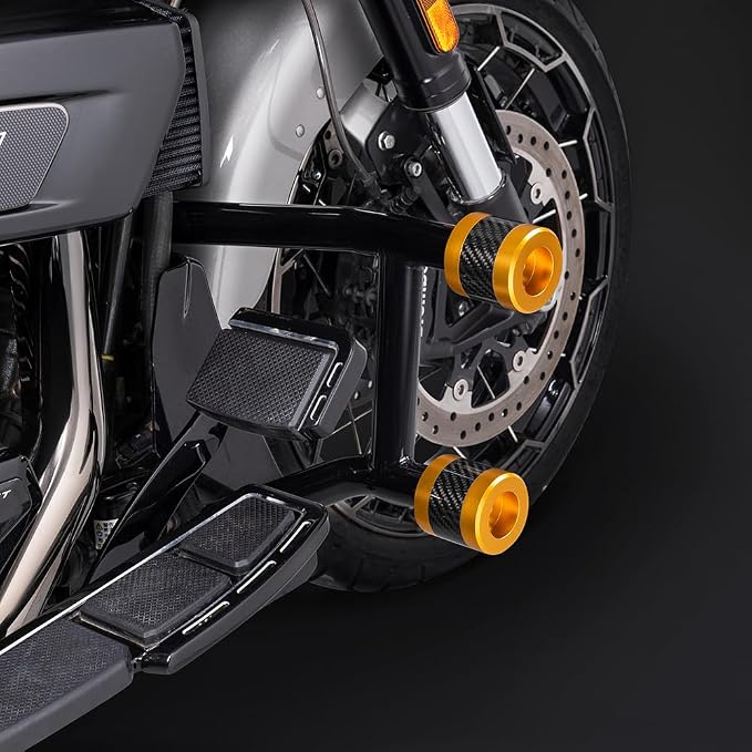 Advanblack ProTek Machined Harley Crash Bar Sliders 1.25" Decorative Wheel Rotatable End For Front Engine Guard Rear Saddlebag Guards (Gold CNC w/Carbon Inlay)