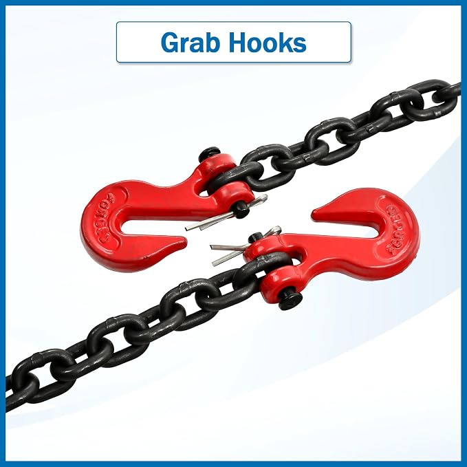 1/4 Inch x 20 Feet Transport Binder Chain G80 Safey Tow Chain with Red Grab Hooks 3300 Lbs Safe Work Load for Transporting Towing Tie Down Binding Equipment