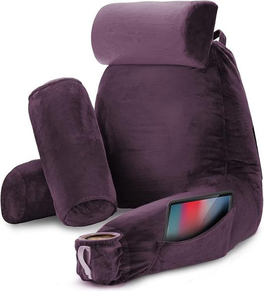 Nestl Reading Pillow with Shredded Memory Foam Includes 2 Neck and Lumber Support Pillows, Designed for Sitting Up in Bed and Couch, Back and Arms Adjustable Support for Adult & Teens, Purple