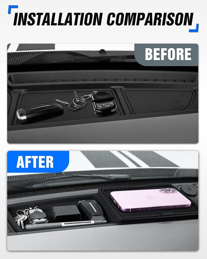 ROADER Dashboard Storage Organizer Tray Compatible with 2021-2025 Ford Bronco, Behind Screen Pocket Center Console Dash Organizer Box with Lid Cover Interior Storage Expansion Accessories