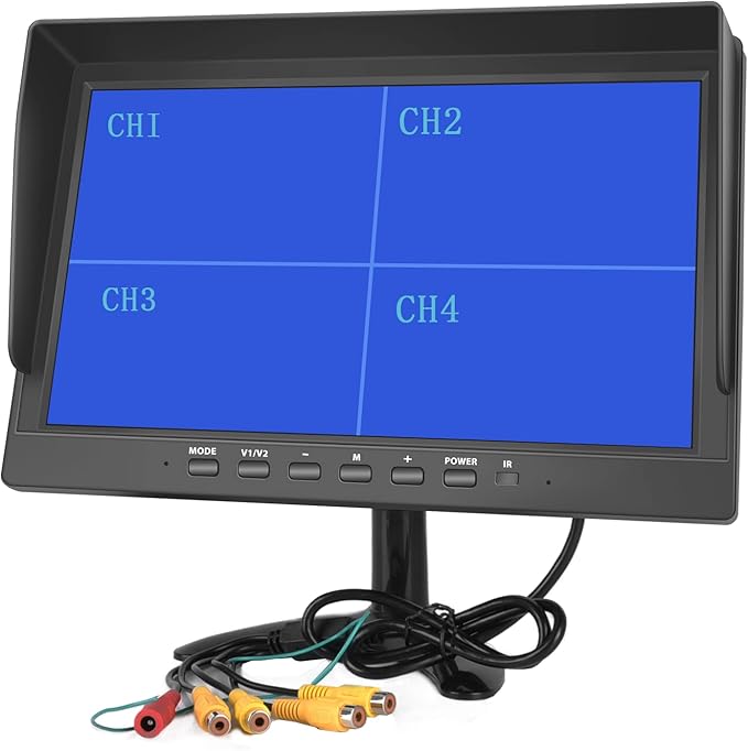 Hikity 10 Inch Small Monitor Screen Video Displays Quad Split HD Screen, 4 Channels RCA Video Inputs for Car Backup Camera & Home Surveillance Security System + Headrest Mounting Bracket & Dash Stand