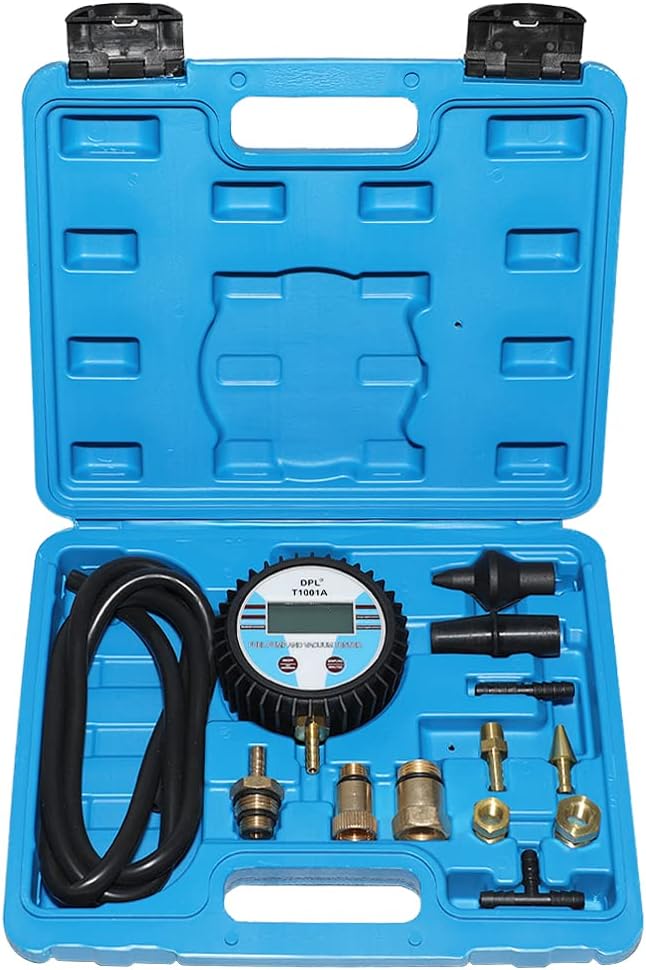 DPTOOL Vacuum Gauge Tester Multifunction Fuel Pump Catalytic Converter Muffler Carburetor Exhaust Back Pressure Tester Digital Display Gauge with Adapters and Hose