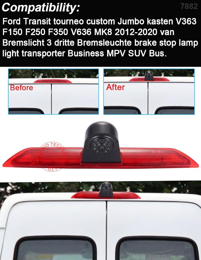 Car Third Roof Top Mount Brake Light 3 Rear View Camera, HD Night Vision Waterproof for Ford Transit tourneo Custom Jumbo Kasten V363 F150 F250 F350 V636 MK8 2012-2020 (with 7-inch Rearview Mirror)