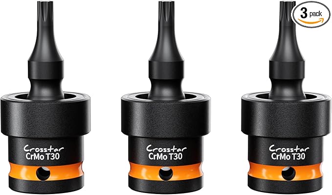 Crosstar 3-Piece T30 Impact Torx Bit Swivel Socket Set, 3/8" Drive CR-MO Wobble Star Sockets with Spring Shock Absorption, Professional Mechanic Tools for Tight Spaces & High-Torque Applications