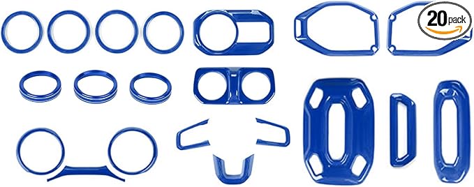 CheroCar Blue 20PCS Interior Trim Kit for Jeep Wrangler JL JLU & JT Gladiator 2018-2023,Dashboard,Steering Button Frame,AC Switch,Roof Speaker,Reading Light,Headlight Switch,Rear Air Vent Trim