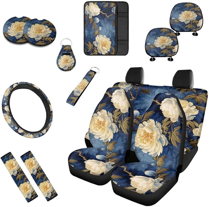 Carnation Hand Drawing 13 Pcs Seat Covers Full Set Front and Back Seat Covers Flower Art Painting Steering Wheel Cover Seatbelt Strap Cover Cup Mat Keychains