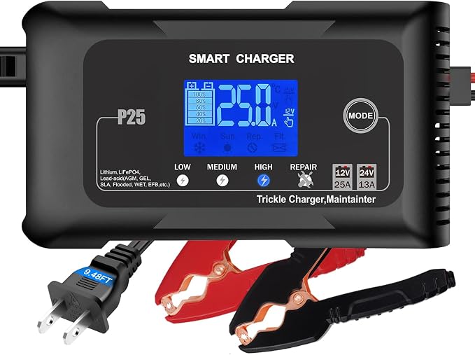 Battery Charger 0-25A,12V&24V LiFePO4 Battery Charger for Lithium,Lead Acid,AGM,RV,Marine,Boat, and Deep Cycle Batteries,9 Stage with Pulse Repair,Smart Car Trickle Charger & Maintainer