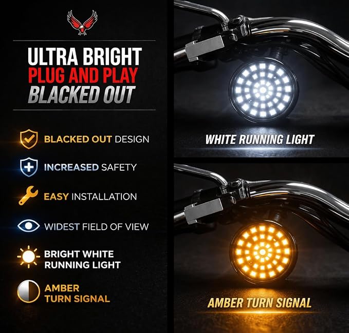 Eagle Lights Generation II Midnight Edition 2 Inch LED Front Turn Signals with White Running Lights Compatible with Harley Davidson Motorcycles - 1157 Base