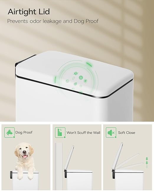 Nunsino Small Bathroom Trash Can with 15 Garbage Bags,2.6 Gallon Stainless Steel Garbage Can with Lid Soft Close,Small Trash Bin for Bathroom,Kitchen,Home Office,White