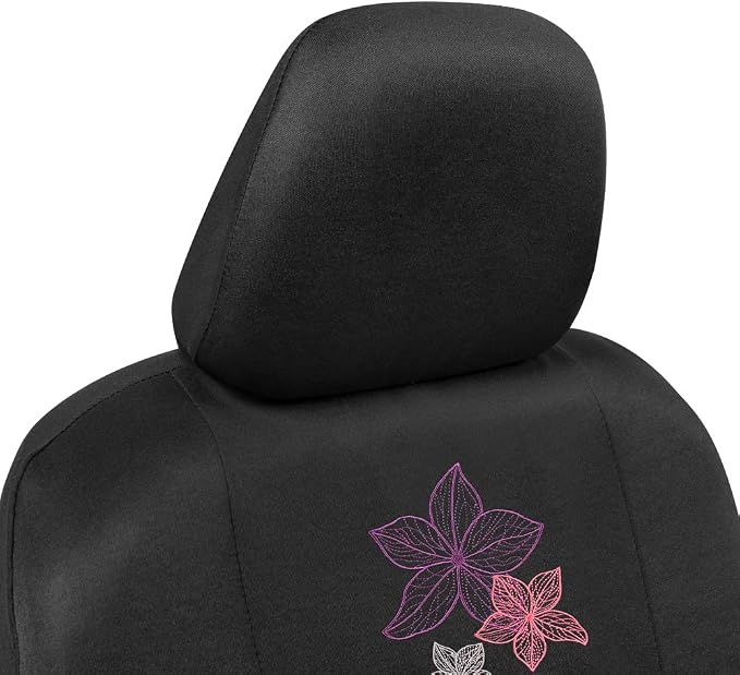 BDK Multicolor Hawaiian Flower Print Car Seat Covers, Full Set with Steering Wheel Cover and Seat Belt Pads, Front and Rear Universal Fit for Car Truck SUV Van, Cute Auto Interior Accessory for Women