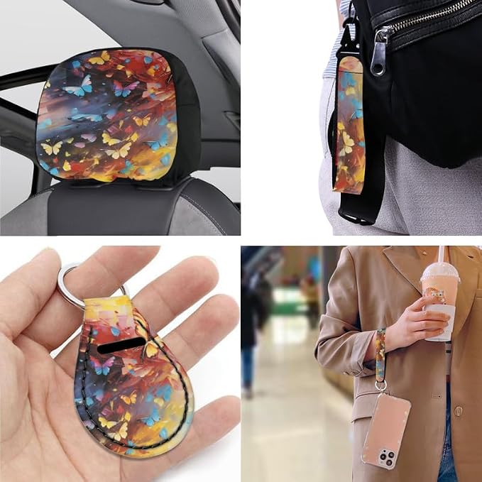 Colorful Butterfly Hand Drawing 13 Pcs Seat Covers Full Set Rainbow Butterfly Art Painting Front Back Seat Covers Steering Wheel Seatbelt Strap Cover Cup Mat Keychains