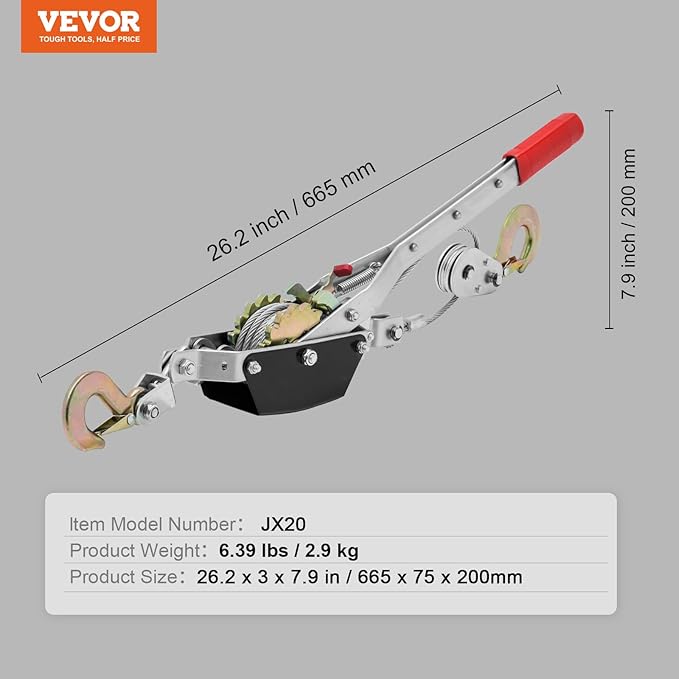 VEVOR Come Along Winch, 2 Ton (4,409 lbs) Pulling Capacity, 12 ft Steel Cable, 2 Hooks, Heavy Duty Ratchet Power Puller Tool with Dual Gears, Automotive Hoist Cable Puller Ideal for Vehicle Rescue