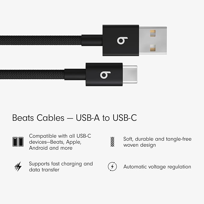 Beats USB-A to USB-C Woven Cable 2 Pack Fast Charging Durable/Tangle-Free Compatible Charger for Apple & Android Devices (1.5 m, 5 ft) - Bolt Black