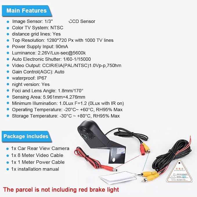 18mm HD Car Third Roof Top Mount Brake Light 3 Rear View Camera Parking Safety Assistant System, Night Vision Waterproof for Ford Transit Connect 2014-2017 Stop lamp Transporter Business MPV SUV Bus