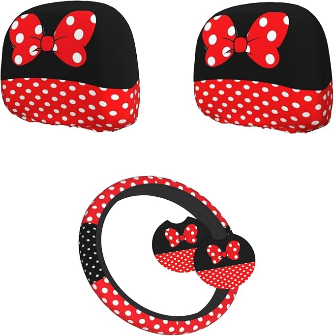 Cute Black Polka Dot Red Bow Car Seat Headrest Cover and Steering Wheel Cover Car Coaster Set