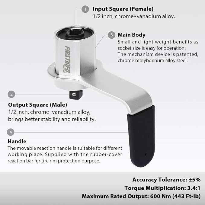 FIRSTINFO 3.4:1 Compact Torque Multiplier Wrench 600 Nm (443 ft-lbs) | 1/2" Drive Male to Female Adapter, Labor Saving Tool for Lug Nut, Easy Tire Change, F3220DD