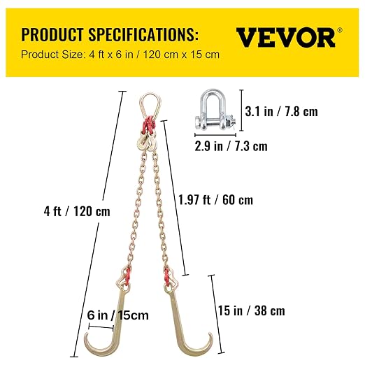 VEVOR V Bridle Chain, 5/16 in x 2 ft Bridle Tow Chain, Grade 80 V-Bridle Transport Chain, 9260 Lbs Break Strength with TJ Hooks and Crab Hooks, Heavy Duty Pear Link Connector and Chain Shorteners