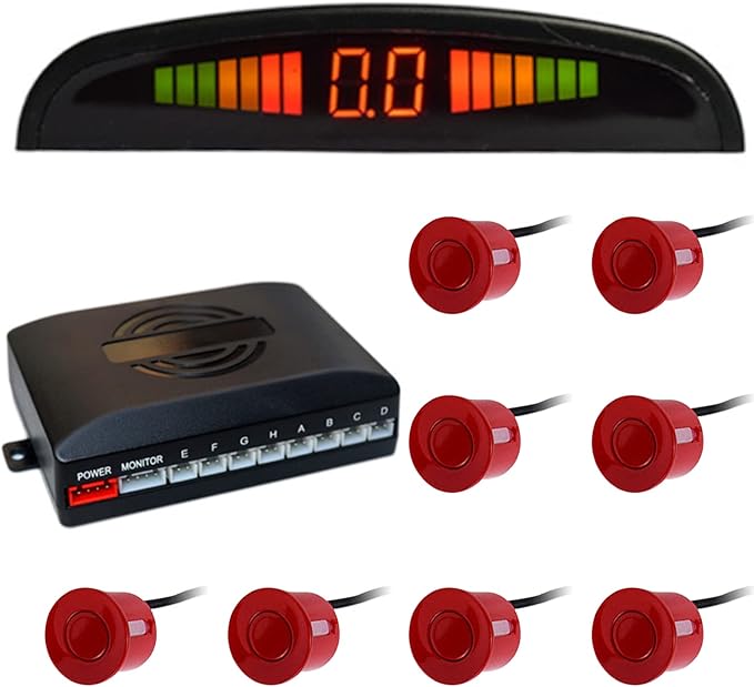 Riloer Car Front and Rear Security Reversing Radar Kit, LED Display Buzzer Alarm 8 Sensor Front and Rear Parking Sensor Prompt for Cars (Red)