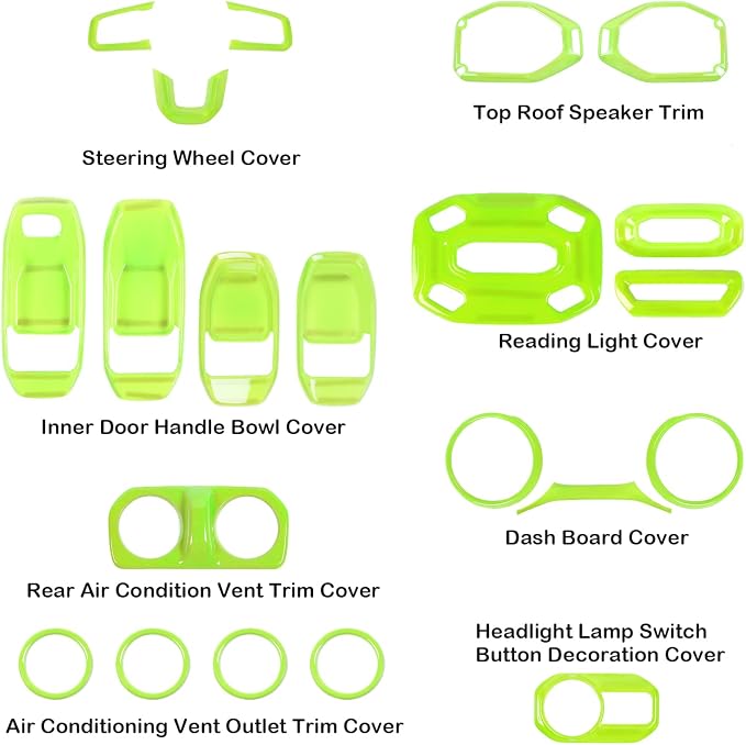 CheroCar 21PCS Full Set Interior Decoration Trim Kit for 2018-2026 Jeep Wrangler JL JLU & Gladiator JT Steering Button Frame, Air Conditioning Vent, Reading Light,Speaker (Green)