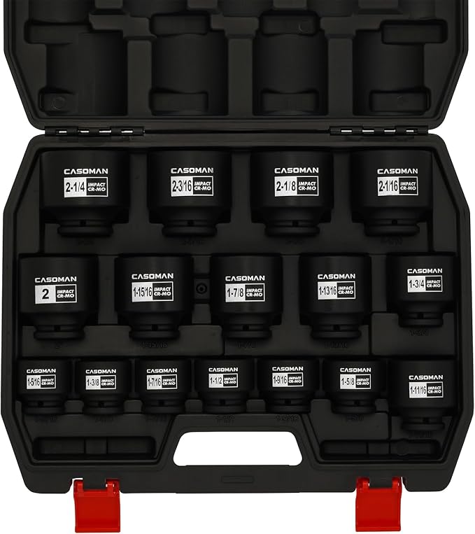CASOMAN 16PCS 1/2" Drive Shallow Spindle Axle Nut Impact Socket Set, 6-Point, Large Socket Set, SAE(1-5/16" to 2-1/4"), CR-MO