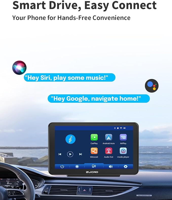 7 Inch Wireless CarPlay Screen for Car, Portable Car Stereo Touch Screen for Apple CarPlay & Android Auto with Backup Camera, Voice Control, BT Music, Navigation, Mirror Link