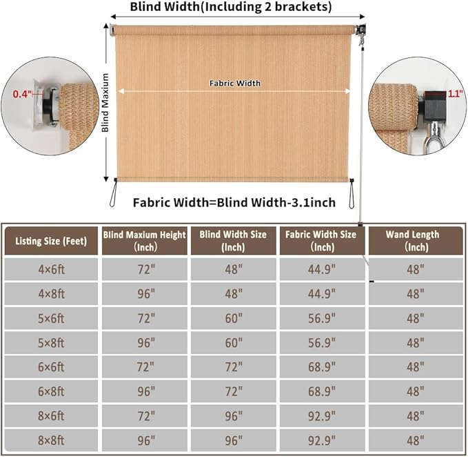 SMONTER Outdoor Sunshade Roller Shade 4'W x 6'H (48" Wx72 H), Exterior Cordless Roll Up Shades Blinds, UV Protection Shade Cloth with Crank Operation for Outside Windows Patio Porch Gazebo, Walnut