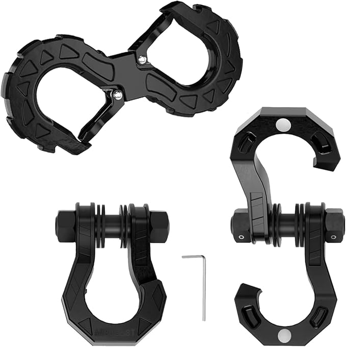 3/4" Easy Open D Ring Separate Shackles (17,600 lbs WLL) with 3/8" G80 S Shaped Tow Hook (11,200 lbs WLL) Off-Road Recovery Kit, Heavy Duty Winch Towing Combo, Black