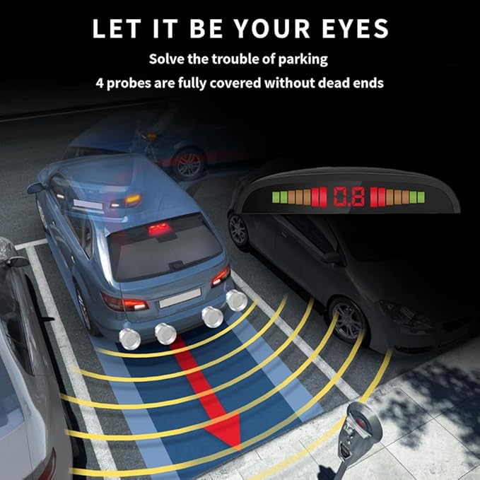Cordless Parking Sensor, Reverse Radar System with 4 Car Backup Sensors, LED Distance Display with Sound Warning + 4 White Parking Sensors for Cars, Vans, RVs, and Trailers