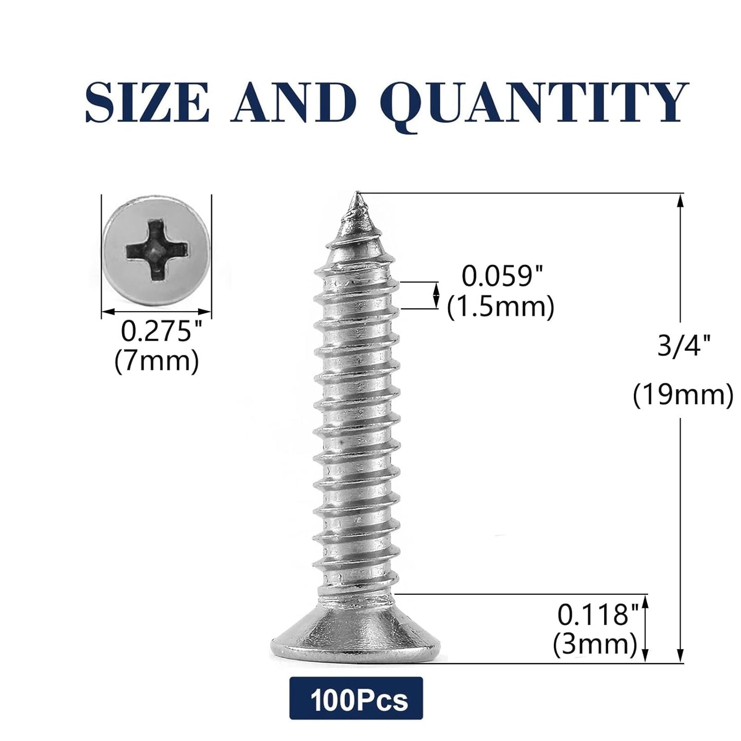 #7 x 3/4" Wood Screw 100Pcs 18-8 (304) Stainless Steel Screws Flat Head Phillips Fast Self Tapping Drywall Screws by SG TZH