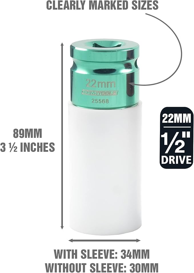 OEMTOOLS 25568 1/2 Inch Drive 22mm Non-Marring Lug Nut Socket, Protects Lug Nuts from Damage, Color-Coded and Clearly Marked Tire Removal Tools, Hex Sockets