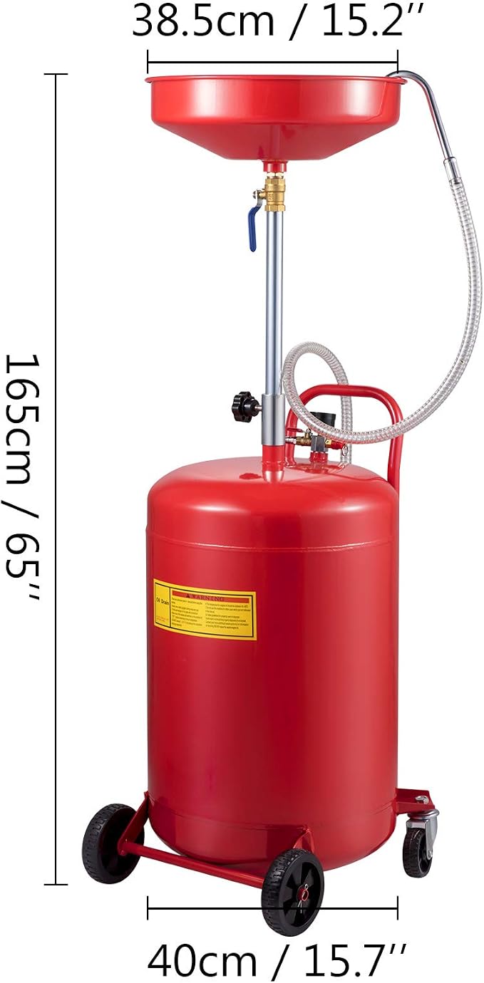 VEVOR 20-Gallon Waste Oil Drain Tank, Air Operated Portable Oil Drainer with Adjustable Funnel Height, Fluid Fuel Transfer Drainage with Wheels, Oil Change Container for Auto Repair Shops, Garages | Air Operated, Portable Oil Drainer, Adjustable Funnel...