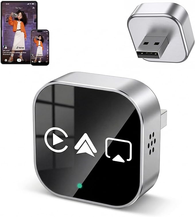 4-in-1 Wireless CarPlay & Android Auto Adapter – AirPlay & Miracast Media Hub – Seamless for Mixed Families – 5.8GHz Low-Latency & Auto-Connect – Factory Wired Cars Only (Lunar Silver)