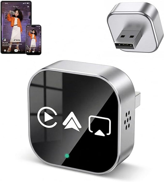 4-in-1 Wireless CarPlay & Android Auto Adapter – AirPlay & Miracast Media Hub – Seamless for Mixed Families – 5.8GHz Low-Latency & Auto-Connect – Factory Wired Cars Only (Lunar Silver)