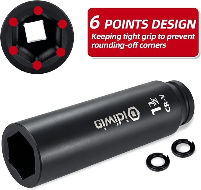 3/4" Drive 1-1/2" Extra Deep Impact Socket, 8"(200mm) Long, 6-Point Truck & Trailer & Tractor Wheel Nut Impact Socket, Heat Treated CR-V Alloy Steel, One-Piece Forged, Radius corner design