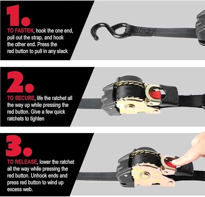 Erickson Pro Series 1in x 6ft Black Retractable Ratcheting Tie-Down Straps, 1500 lb Load Capacity, Pack of 2