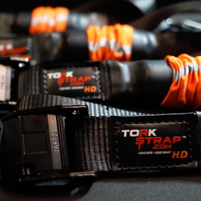 TorkStrap 14' x 1.5'' Self Tensioning Tie Down Straps [Patented] - Automatically Adapt to Load Shifts - 2,250LB Break Strength - Pull Alternative to Ratchet Straps - Integrated Soft Loop & Hook (2-PK)