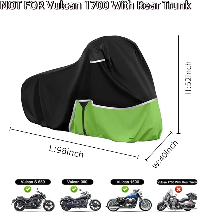 Waterproof Motorcycle Cover Replace for Kawasaki Vulcan 650 900 1500 and Eliminator 450 Cruiser Without Trunk Models,420D Oxford Cloth Motorcycle Cover for Snow Rain Dust Protection (Vulcan)