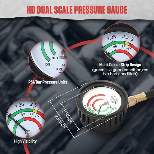 Exhaust Back Pressure Tester Kit with Carrying Case,Professional Automotive Exhaust Back Pressure Gauge Kit with 6-Foot Hose,2.5" HD Gauge,M12 & M18 Adapter