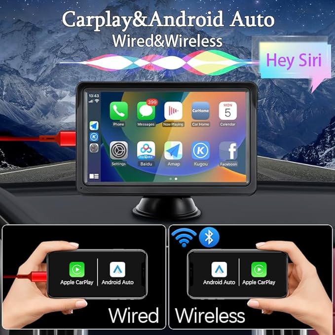 7 Inch HD IPS Touchscreen Wireless CarPlay & Android Auto, Voice Control with HD Night Vision Waterproof Backup Camera, Plug and Play Universal for All Vehicles