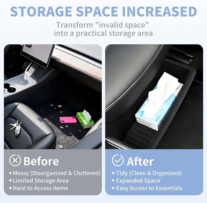 4 PCS Under Seat Storage Box Organizer Designed for 2025 2026 Tesla Model Y Refresh (Juniper), （Not Fit 2017-2023 Model 3 & 2020-2024 Model Y）, Tesla Underseat Storage Box Bin, Black