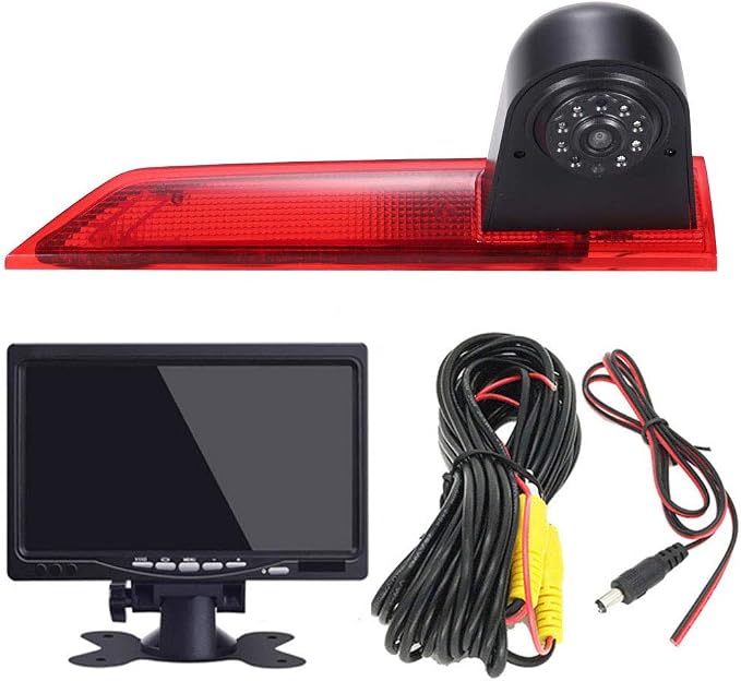 Car Third Roof Top Mount Brake Lamp Reverse Camera Sprinter Brake Light Backup Rear View Camera with 7 inch LCD Monitor for Ford Transit Custom 2012-2016