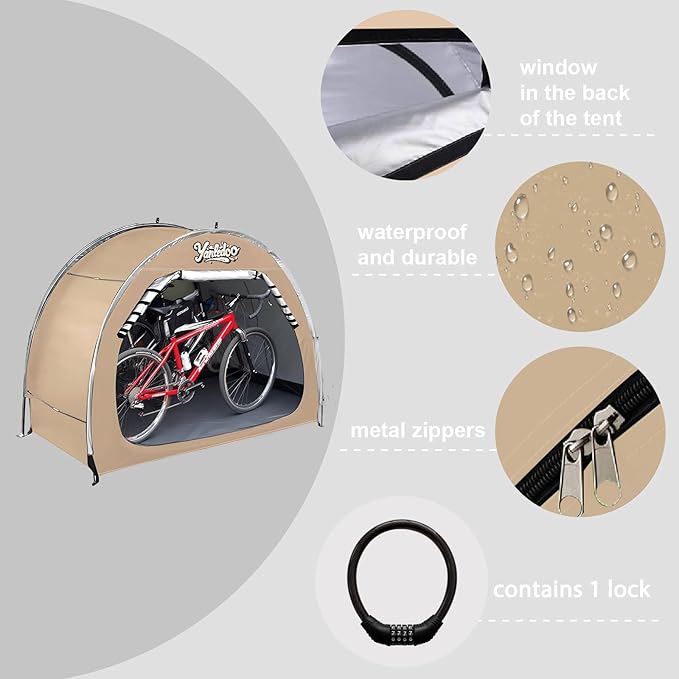 Bike Shed, Outdoor Portable Bike Storage Shed Tent, Bike Tent, Waterproof Bicycle Shelter with 210D Oxford Fabric, Bicycle Cover Fits 2-3 Bikes (Beige)